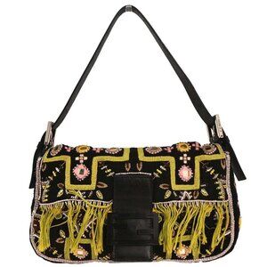 Fendi Black Cotton Beaded Embroidered Baguette Handbag